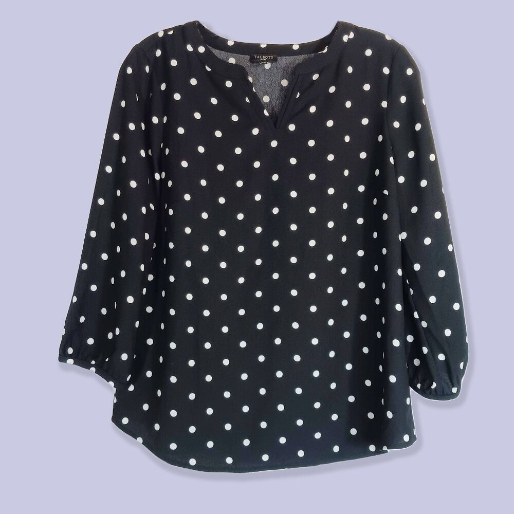 Talbots Classic Crepe Tunic Top Black/White Polka Dot, Size SP, V-Neck ¾ Sleeve